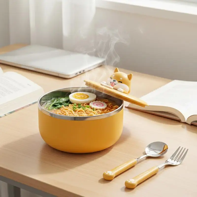 Cartoon Cute Large Fruit Salad Bowl Dog Instant Stainless Steel Noodle Bowl With Lid Student Dormitory Portable Lunch Box 1000ML
