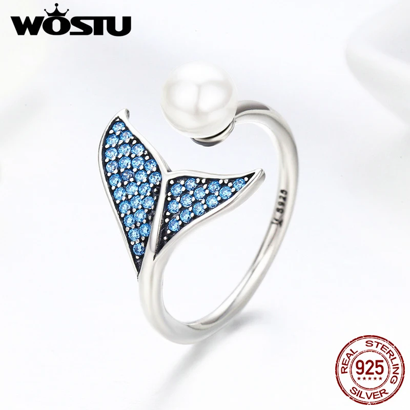 Wostu 925 prata esterlina sereia cauda aberto ajustável anéis feminino oceano azul cz natural pérola festa de casamento cocktail anel presente