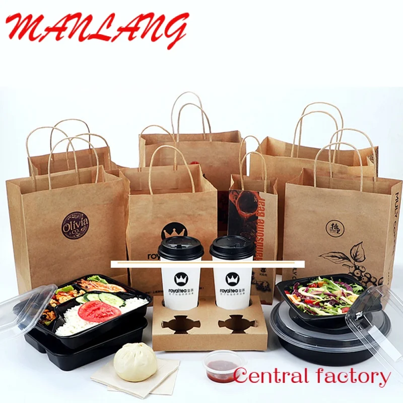 Lipack tas kertas Kraft Takeaway Food Grade, kantong kertas cokelat untuk kemasan makanan