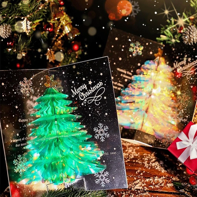 Shining Christmas Tree Greeting Card 3D Pop Up Christmas Card with Envelope Creative Blessing Card for Friend New Year Xmas Gift
