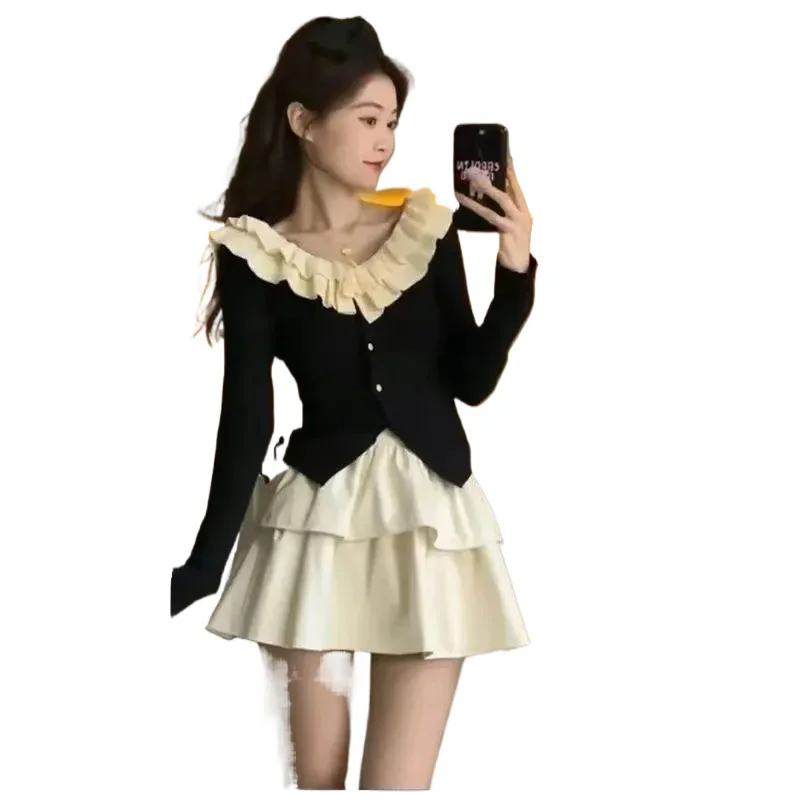 

Весна и осень, новый академический стиль, маленький костюм, юбка с рюшами по краям, маленький ароматный стиль, топ, темпераментная юбка-торт, две части