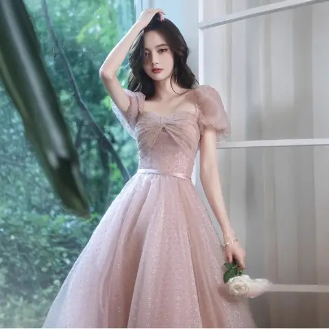 2025 여름 신상 여성 연회용 이브닝 드레스, 페어리 핑크 연말 모임, 미술 시험 사회, 워킹 쇼, 공연 드레스
