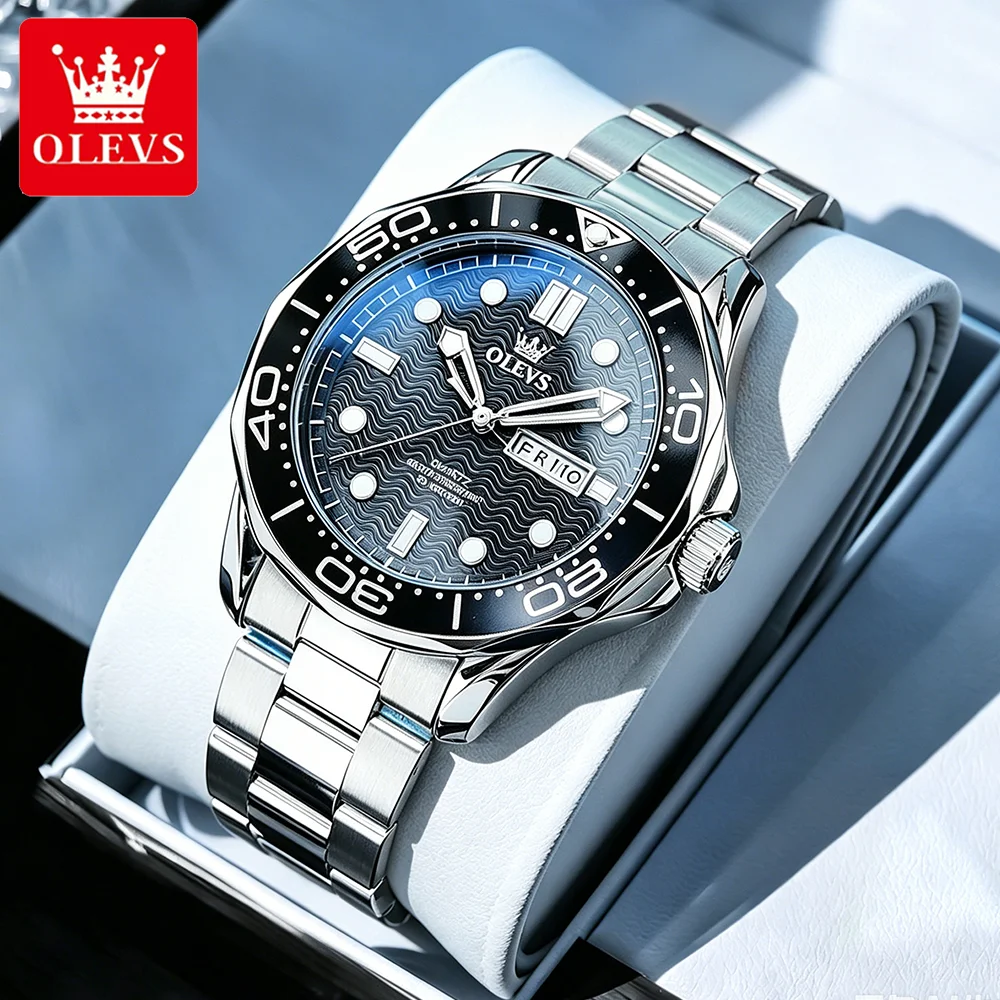 olevs-メンズ腕時計クラシックファッションファインスチールオイスターストラップリップルダイヤルオリジナルクォーツ腕時計防水夜光日付-3738