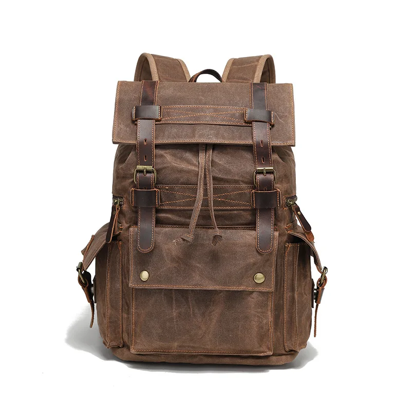 model travel wild horse leather casual backpack for outdoor use, water-resistant, men's double-shoulder bag, oil-waxed canvas ba