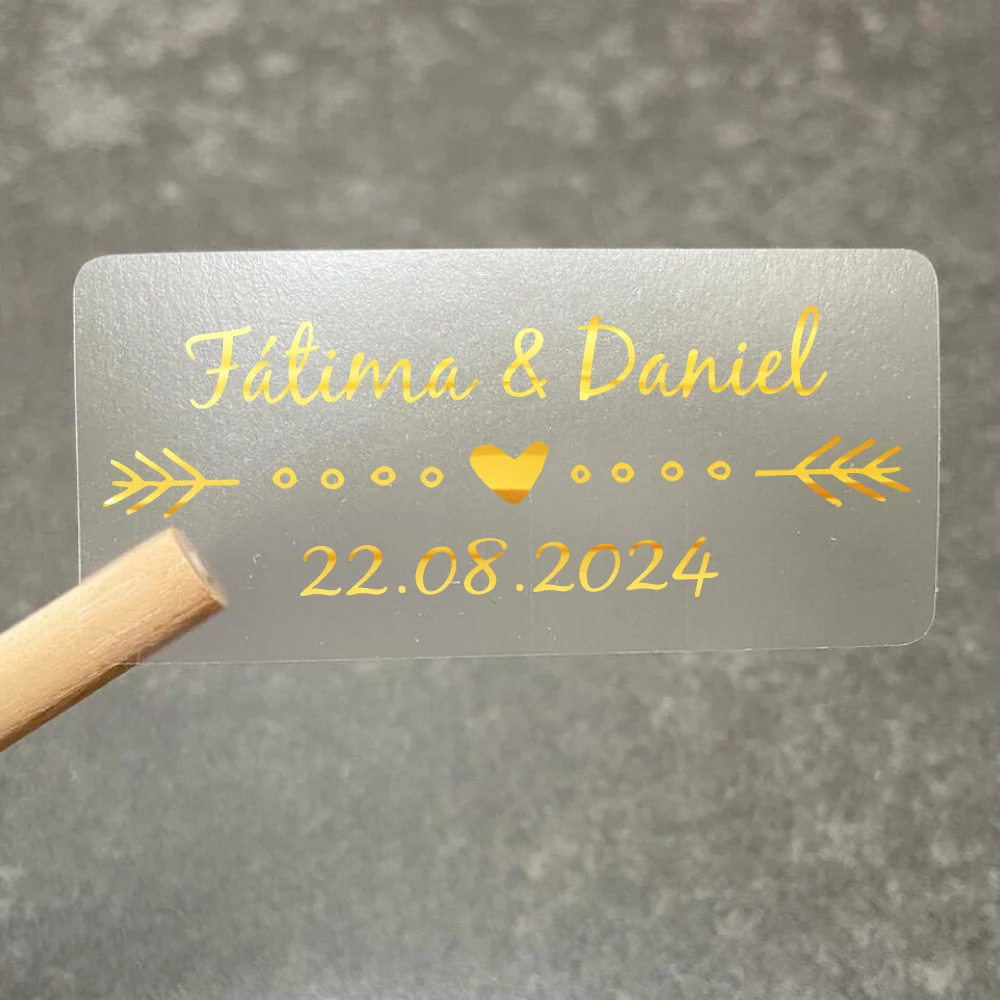 Custom Rectangular Wedding Stickers, Transparent Wedding Sticker, Personalized Wedding Stickers with Gold Foil Text and Date