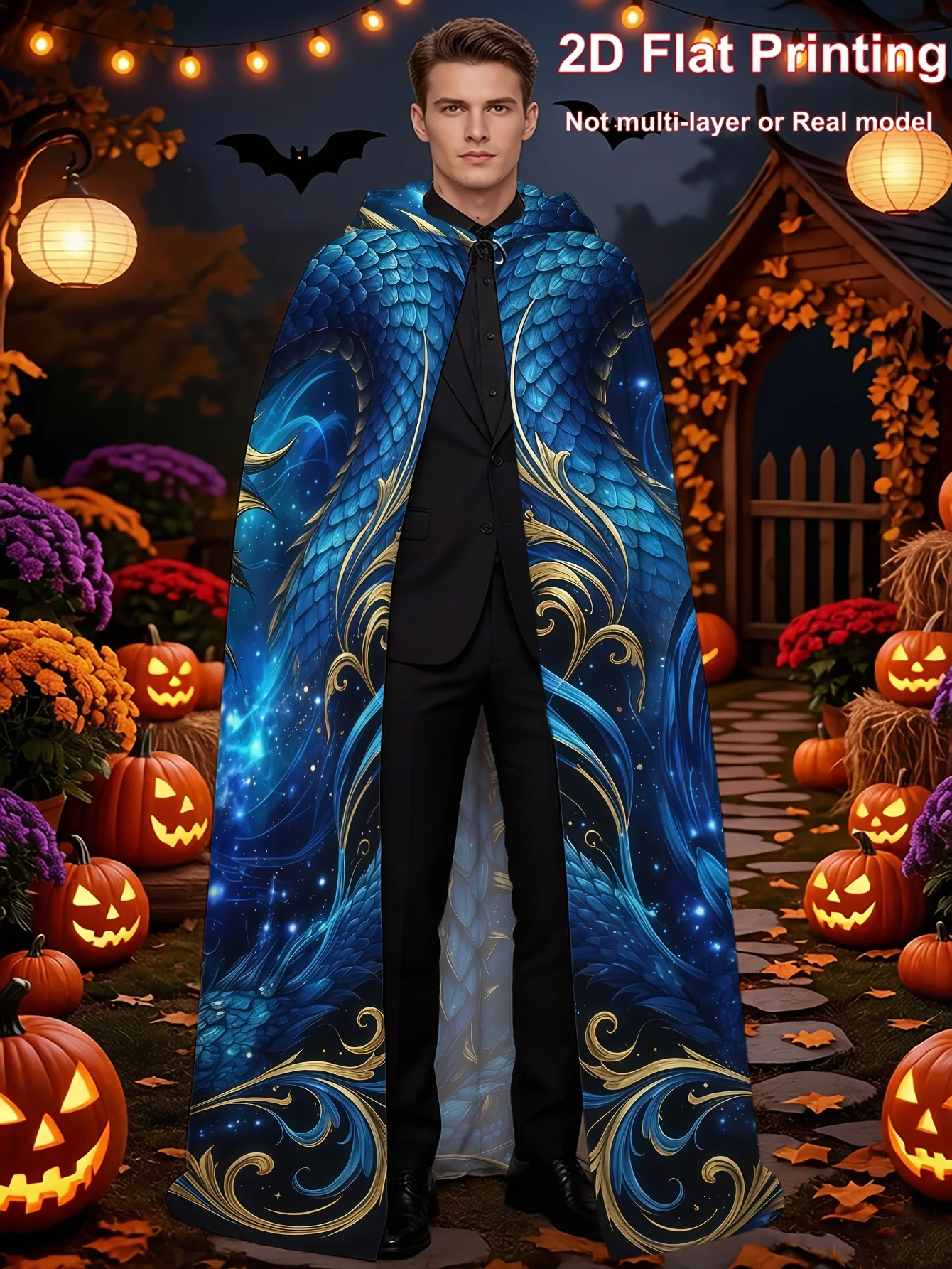 Customization 2D Flat Print, Blue Dragon With Golden Accents Hooded Cloak, Fantasy-Starry Style, Polyester Costume Robe For Men