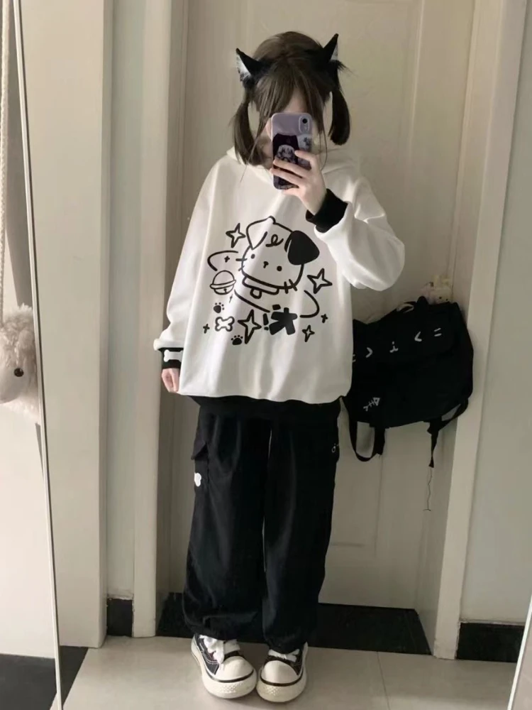ADAgirl Japan Style Kawaii Ears Hoodies for Teen Girl Cutecore Dog Print Sweatshirt Hooded Women Autumn Winter Anime Alt Clothes
