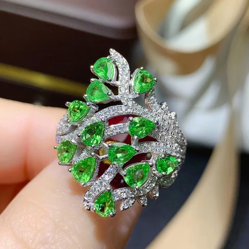 Luxury Sterling Silver Gemstone Ring for Party 12 Pieces 3mm*4mm Total 1.2ct Natural Tsavorite Ring with Gold Plating