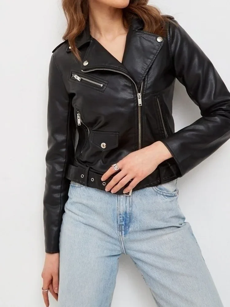 Fitaylor Spring Autumn Women PU Leather Jacket Casual Lady Lapel Zipper Moto Biker Jacket Vintage Female Outwear with Belt