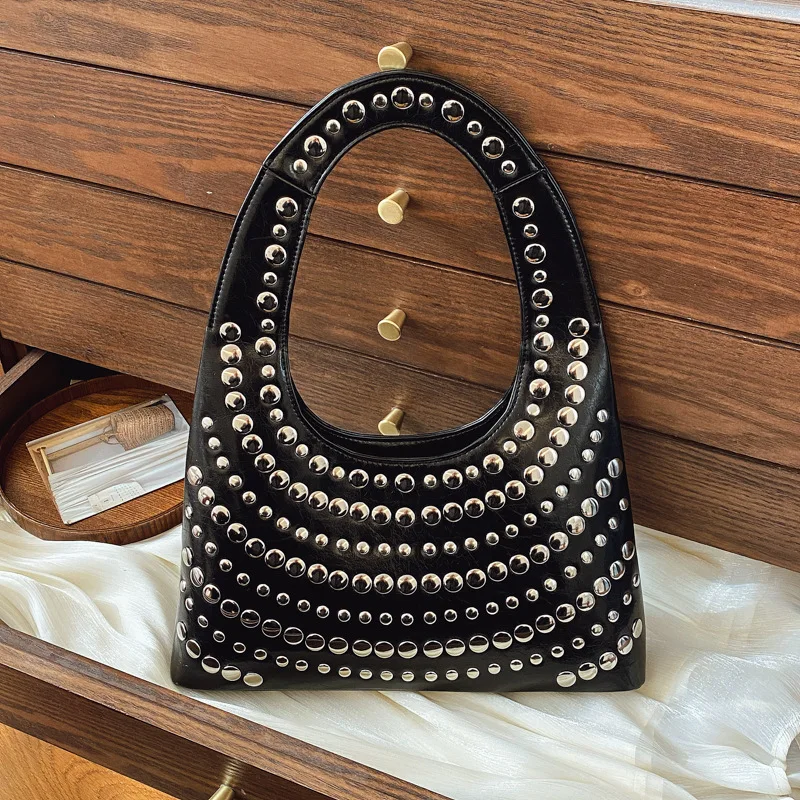 

Luxury Rivet Tote Women Bag Fashion PU Leather Designer Bags for Women Shoulder Bag Punk High Quality Handbags and Purses Clutch