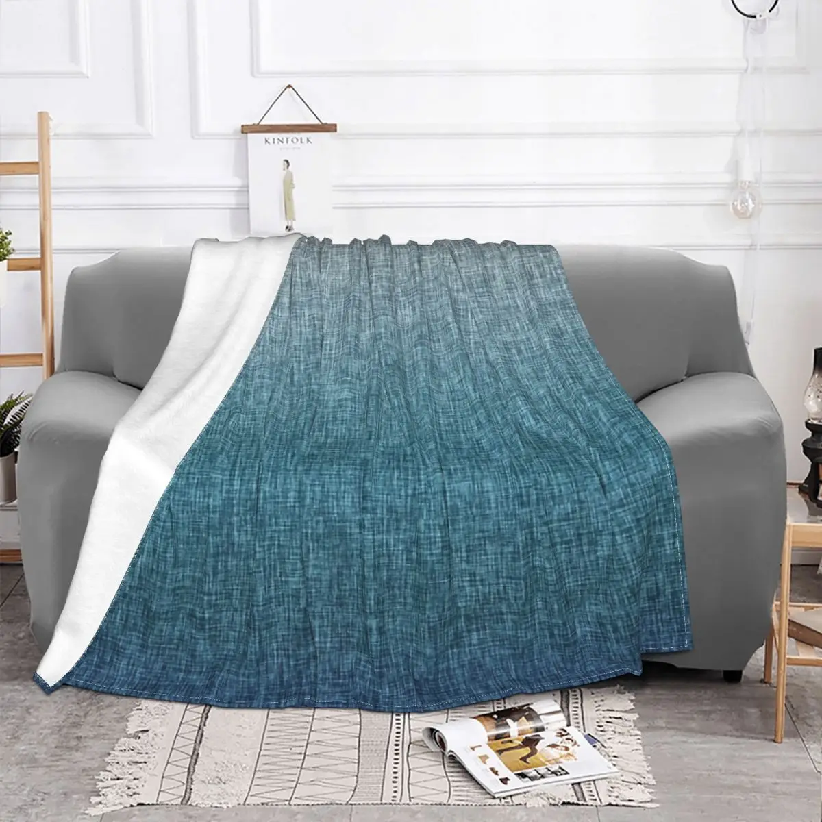 Teal Blue Grey Abstract Ombre Crosshatch Anime Bed Blanket Throw Blanket Winter Warm Blanket Throw Blanket