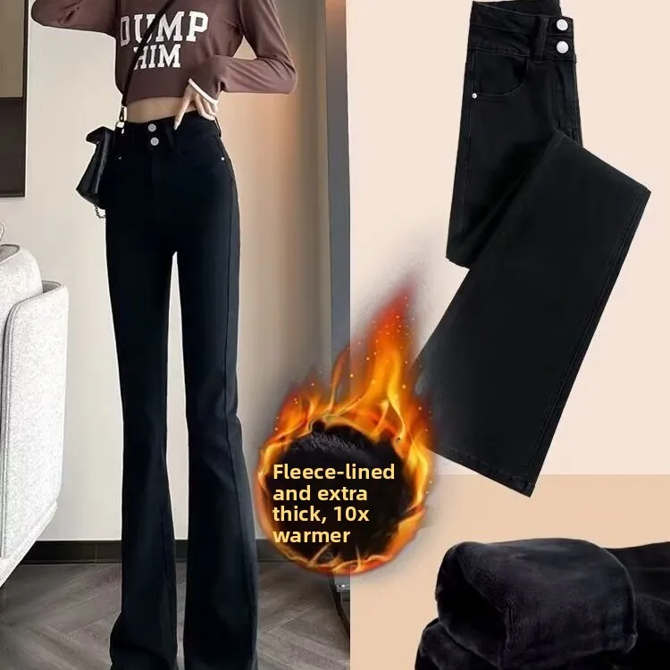 

High Waist Fce Lined Bootcut Jeans Thi Warm Autumn Winter Small Size Women's Casual Sle Bell Bot Pants