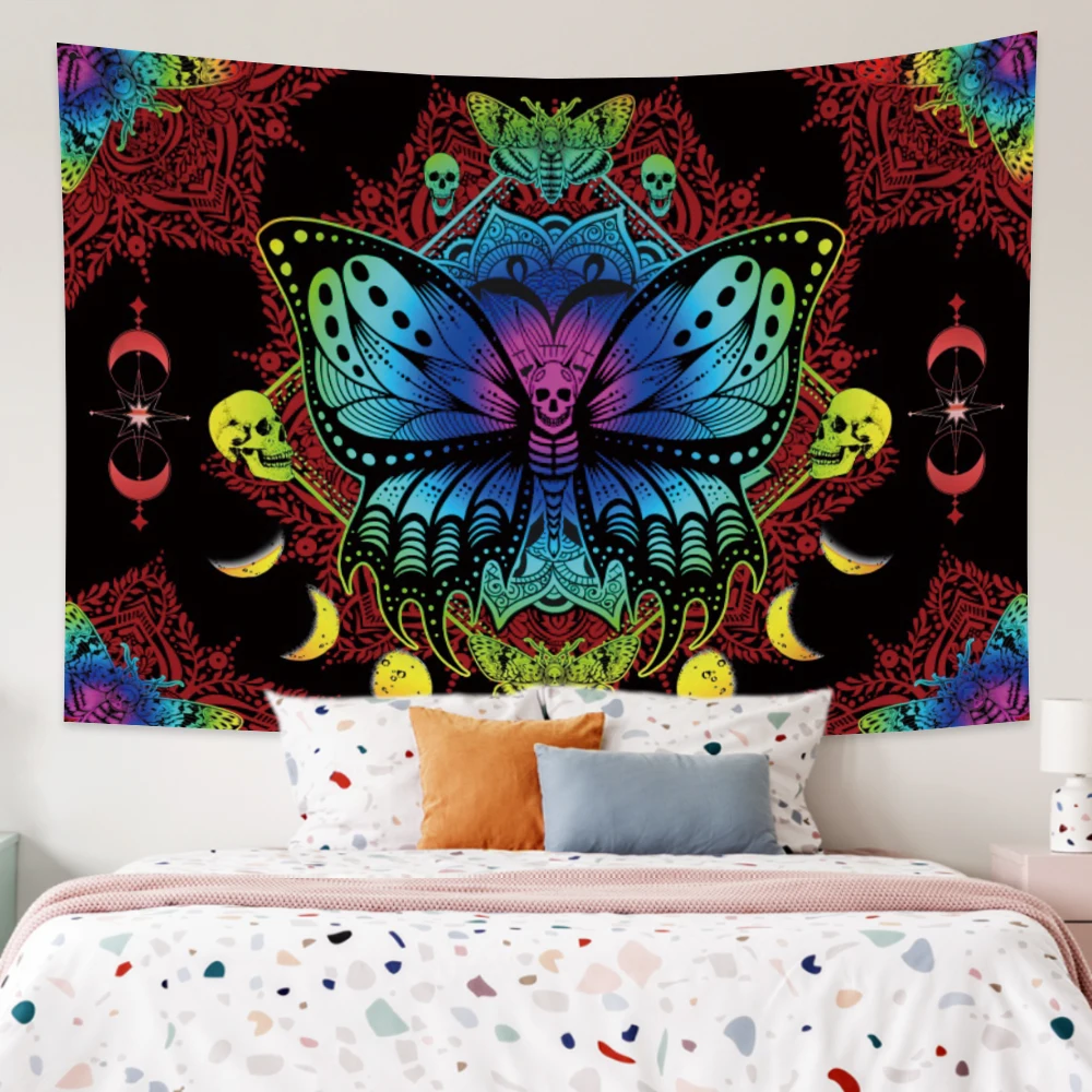 

Psychedelic Butterfly Skull Moon Skeleton Tapestry Moth Gothic Mandala Bohemian Wall Hanging Art Room Home Aesthetic Decoration