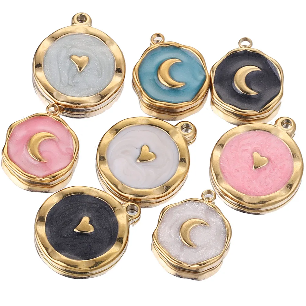 5pcs/lot Stainless Steel Enamel Moon Love Medal Heart Charms for DIY Earrings Necklace Jewelry Making Pendant Supplies Crafts