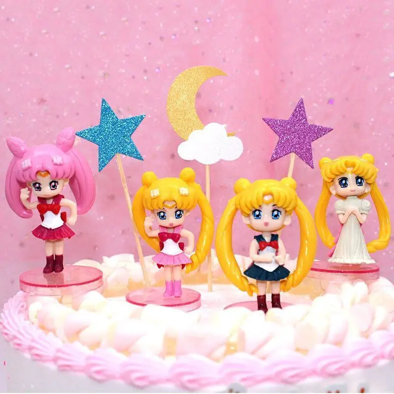 4pcs/Set Sailor Moon Cartoon Anime Figure Kawai Doll PVC Figurine Kids Birthday Cake Decoration Gift Children's Girls Toy