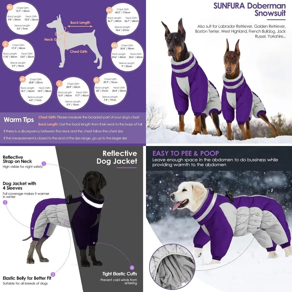 

Теплая флисовая куртка среднего размера для собак с водолазкой, светоотражающий зимний комбинезон, ветрозащитная куртка-пуховик с ножками для Бостон-терьера, фиолетовый