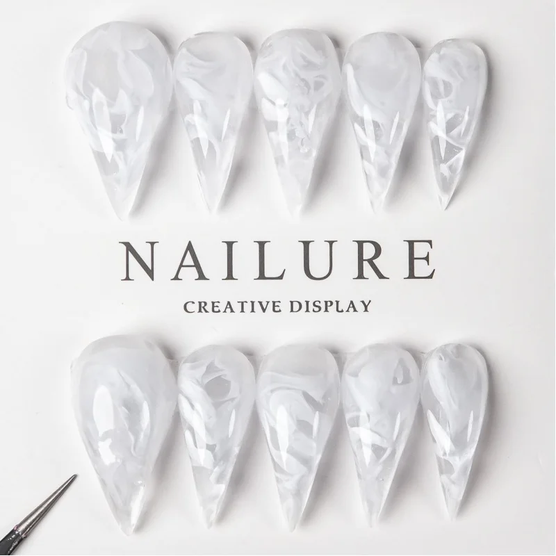 Extra Long Stiletto Clear White Ink Marble Press On Nails Transparent Smoke Swirl Glossy Minimalist Elegant Bridal False Nail Ti