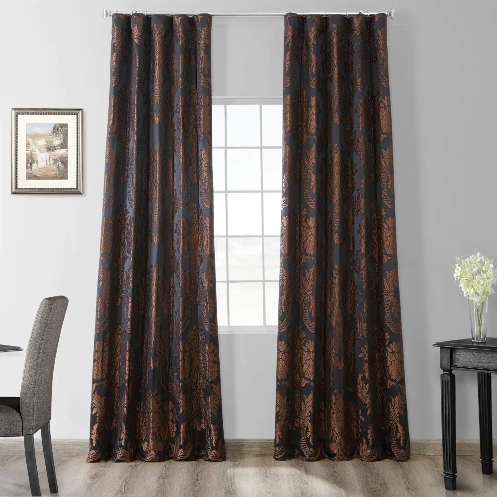 

designer damask curtains for room decoration 120 inches long faux silk room darkening curtains (1 panel), 50w x 120l, black & c