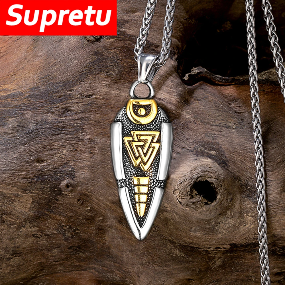 Vikings Odin's Spear Necklace Men Charm Double-sided Norse Rune Gungnir Arrowhead Stainless Steel Pendant Valknut Amulet Jewelry