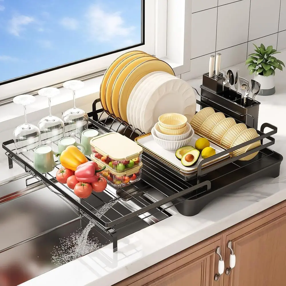 

Exble Dish Rack or Kitchen Sink - Heavy-Duty Adjustable Over Sink Drying Rack with Utensil Holder & Drain Tray, Space Saving Ste