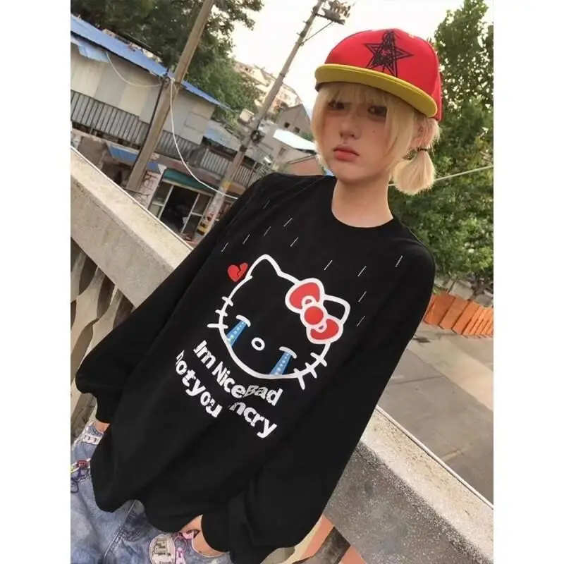 

Женская футболка Sanrio Hello Kitty с длинными рукавами, хлопковая, в корейском стиле, для студенток, в стиле бойфренд, в стиле ленивой принцессы, милая, повседневная