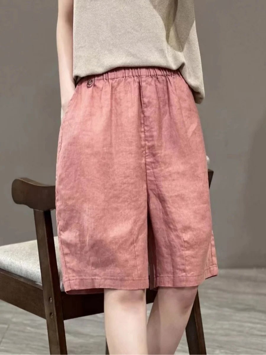 

Свободные широкие брюки orts Женские брюки с высокой талией длиной пять четвертей из льняного материала Прямой крой плюс размер Ретро Sle