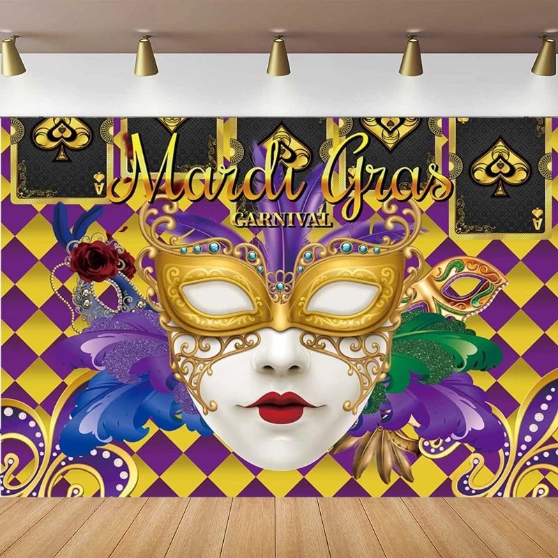 Photography Backdrop Masquerade Birthday Party Purple Gold Mardi Gras Background Mask Prom Dance Bachelorette Party Poster