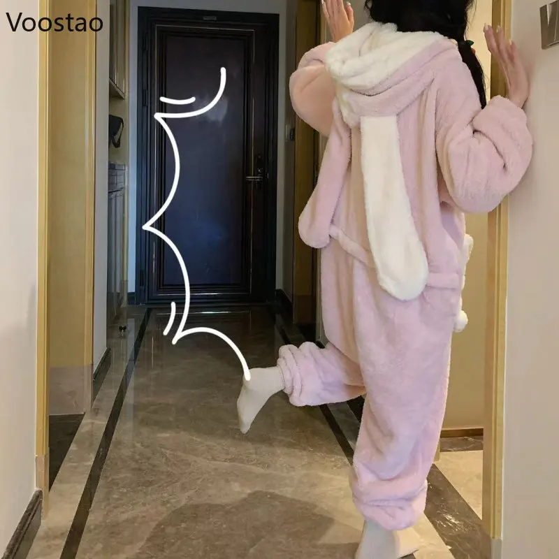 Autumn Winter Women Cute Lolita Princess Onesies Pajamas Coral Fleece Warm Cartoon Bunny Ear Hooded Sleepwear Sweet Homewear