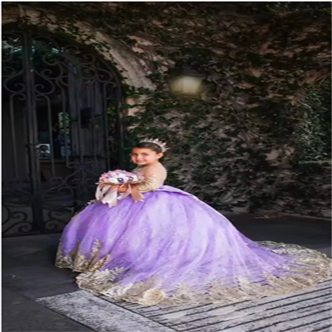 

Customized Appliques Tulle Flower Girl Dress Wedding Party Mini Quinceanera Dress Ball Gowns Long PageantGlitter Puffy Princess
