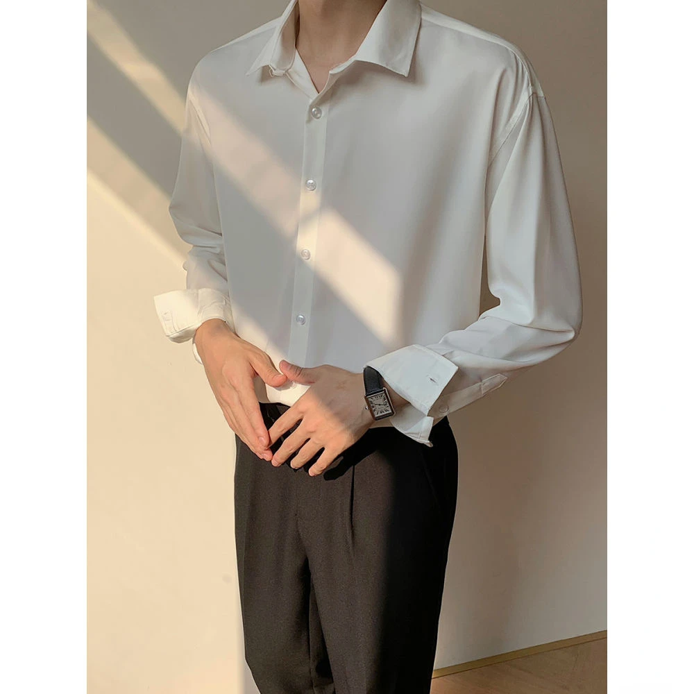 Autumn High-end Maillard Long Sleeve Ice Silk Shirts for Men and Women Korean Fashion Loose Solid Color Button Men Dress Shirt