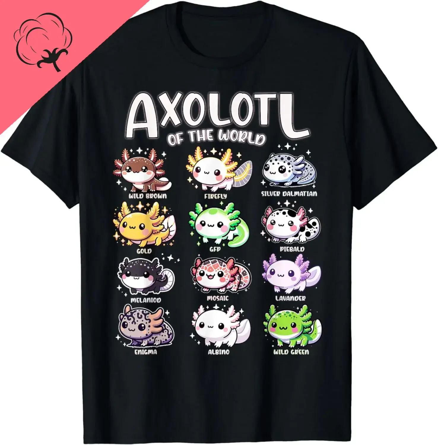 Axolotls of The World Kawaii Types of Axolotl Fish Amphibian T-Shirt Cute Tshirts Women Clothing Tops Cotton Kawaii Clothes