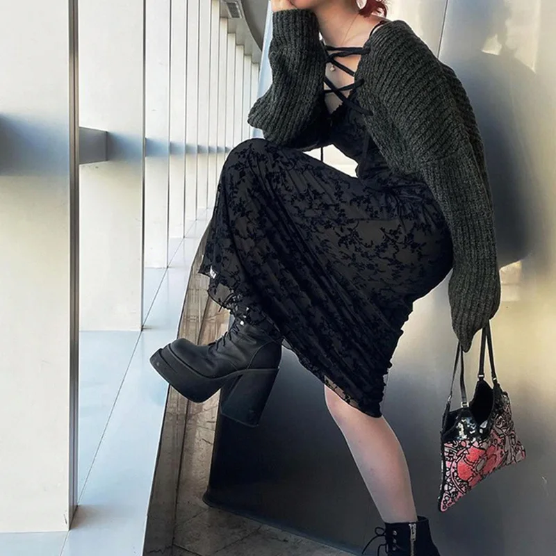 فستان Zeyla Allover مطبوع عليه زهور من الدانتيل فستان كامي أنيق بدون أكمام فستان ماكسي ضيق Y2k ملابس نسائية أكاديمية داكنة عتيقة #4