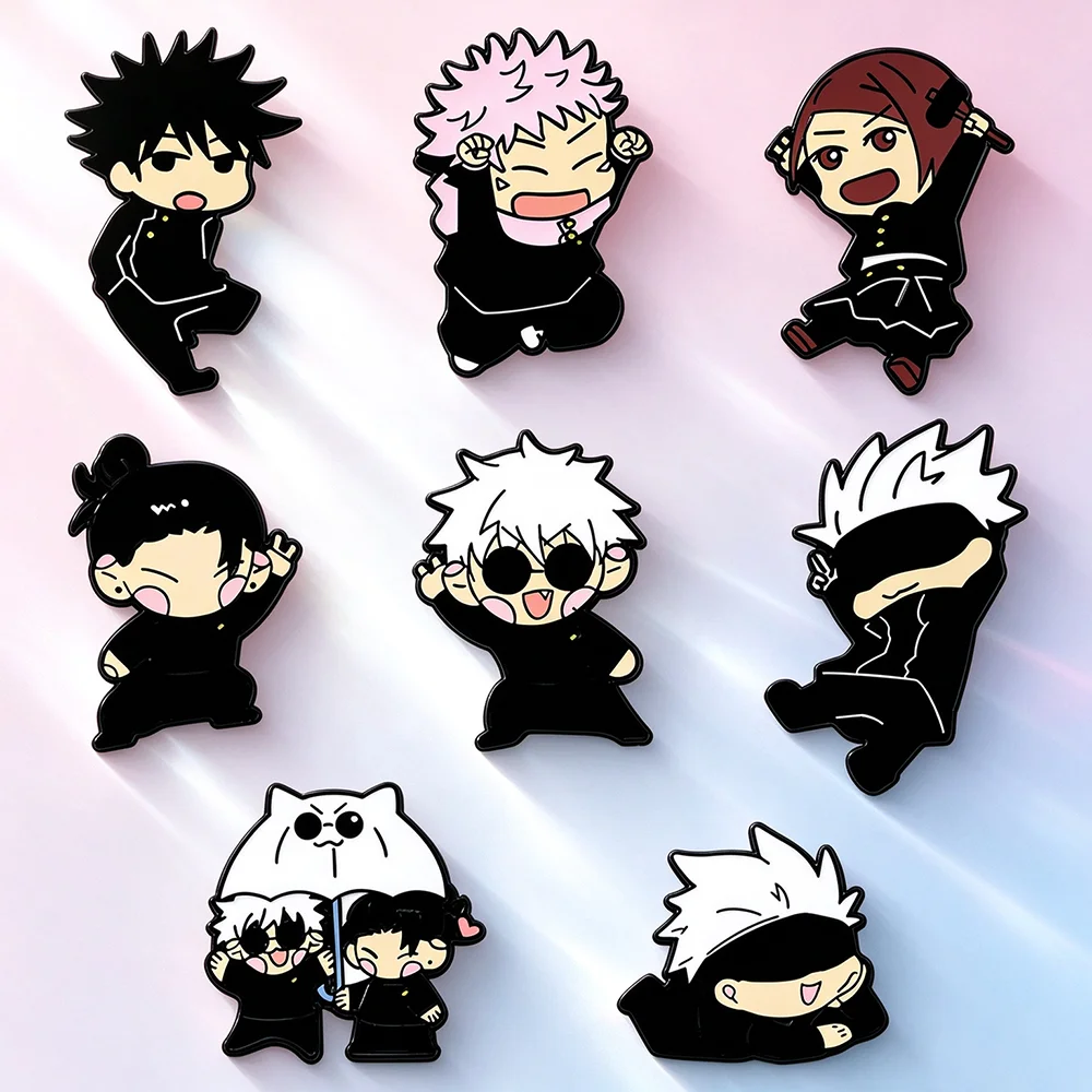 8Pcs Japanese Anime Inspired Enamel Pins Set Cute Q Character Yuji Itadori Satoru Gojo Metal Lapel Brooches Collectible Pin