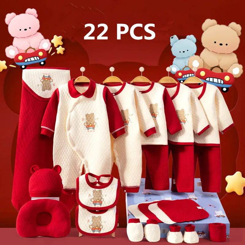 18/20/22 pieces/lot Newborn Baby Clothing Set Boys Girls 100% Cotton Infant Outfits Winter Baby Rompers Hat Bib Clothes Suit