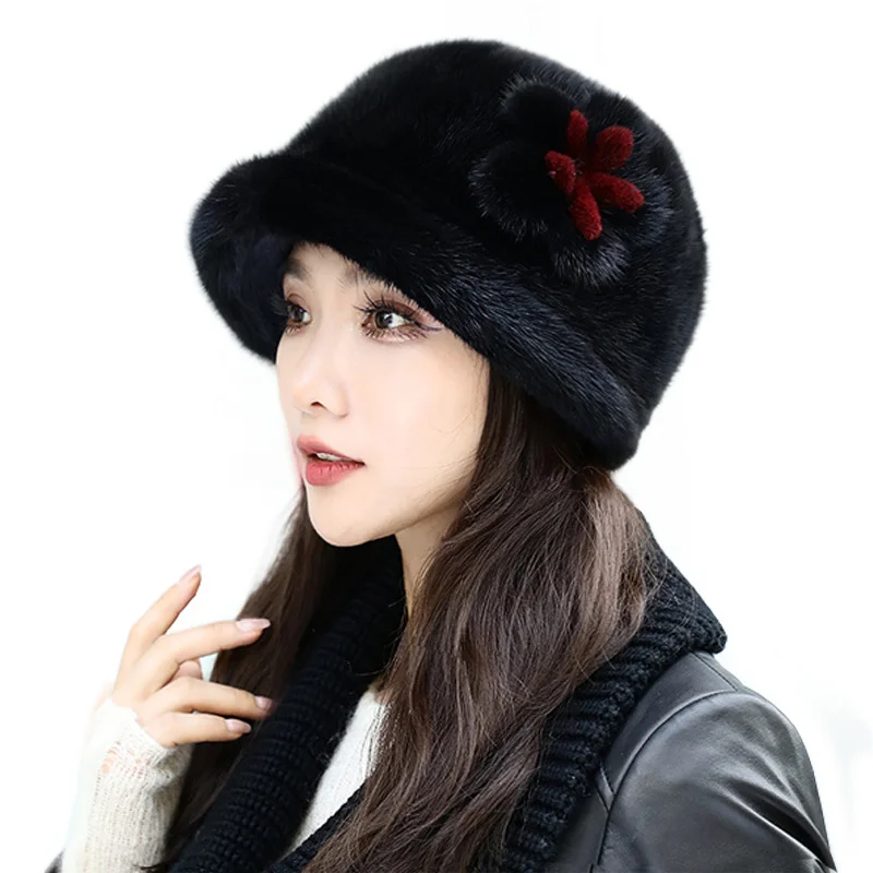 New Genuine Real Natural Mink Fur Hat Cap Luxury Women Handmade Knit Fashion Winter Headwear Warm Real Fur Beanies Hats