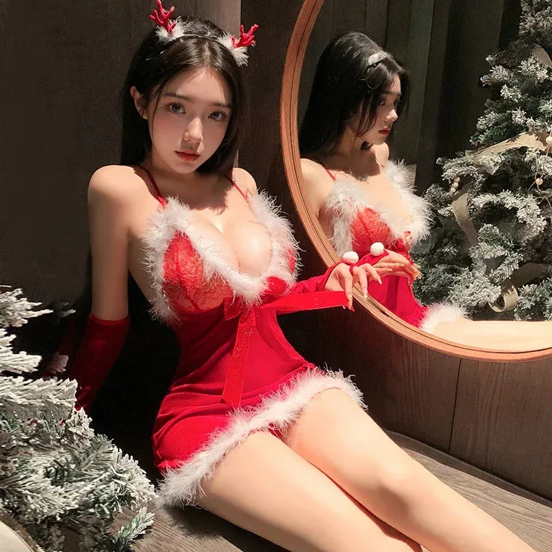 Conjunto de ropa interior roja de Año Nuevo, pijamas de felpa navideños, uniforme de Papá Noel, ropa de juego de rol, mini ropa interior para mujer