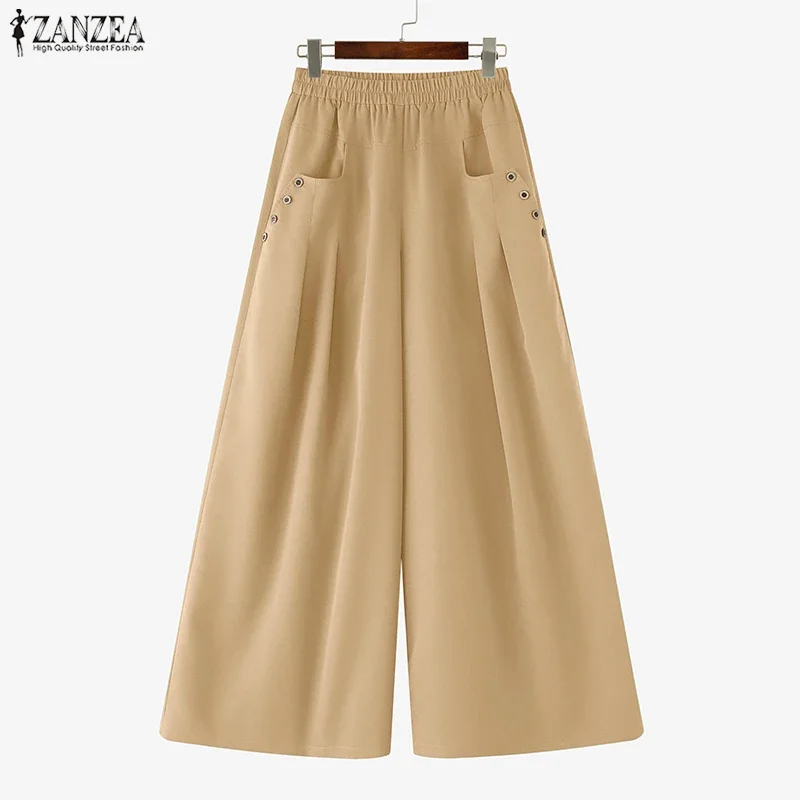 2026 ZANZEA Fashion Women Wide Leg Pants High Waist Pockets Long Trouser Elegant Streetwear Casual Solid Elastic Waist Pantalons