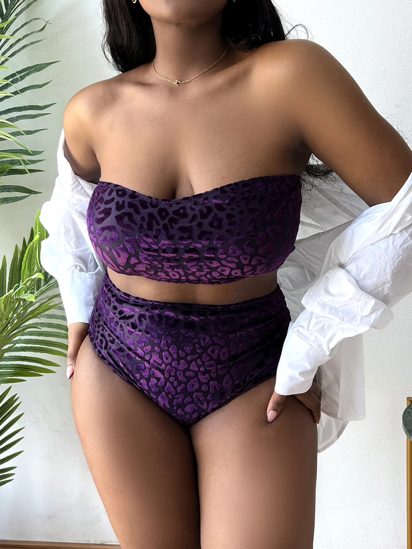 Plus Size Leopard Velvet Bandeau High Waist Bikini Swimwear Women\'s Swimsuit Beachwear Bathing Suits