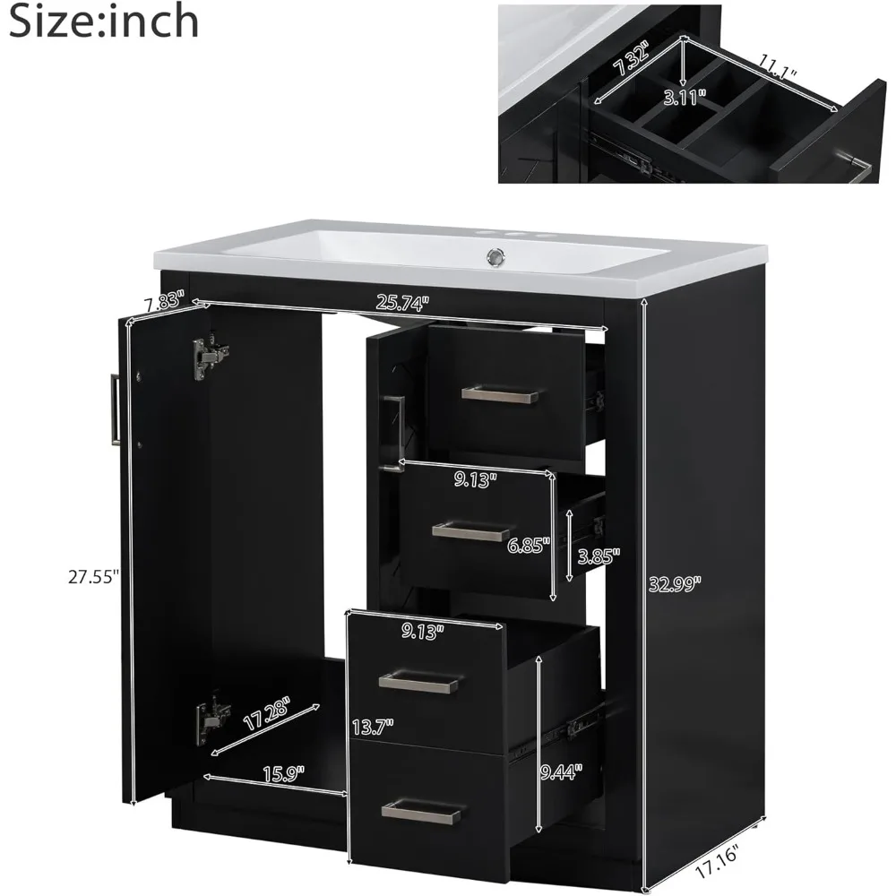 Mueble de tocador tradicional de cerámica con 3 cajones y 2 puertas de 30" para almacenamiento en el baño