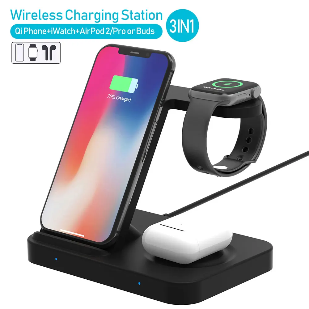 

3-in-1 Portable Wireless Charging Stand Fast Charging Dock Anti-Overcharge Safe Stan for iPhone, Apple Watch & AirPods