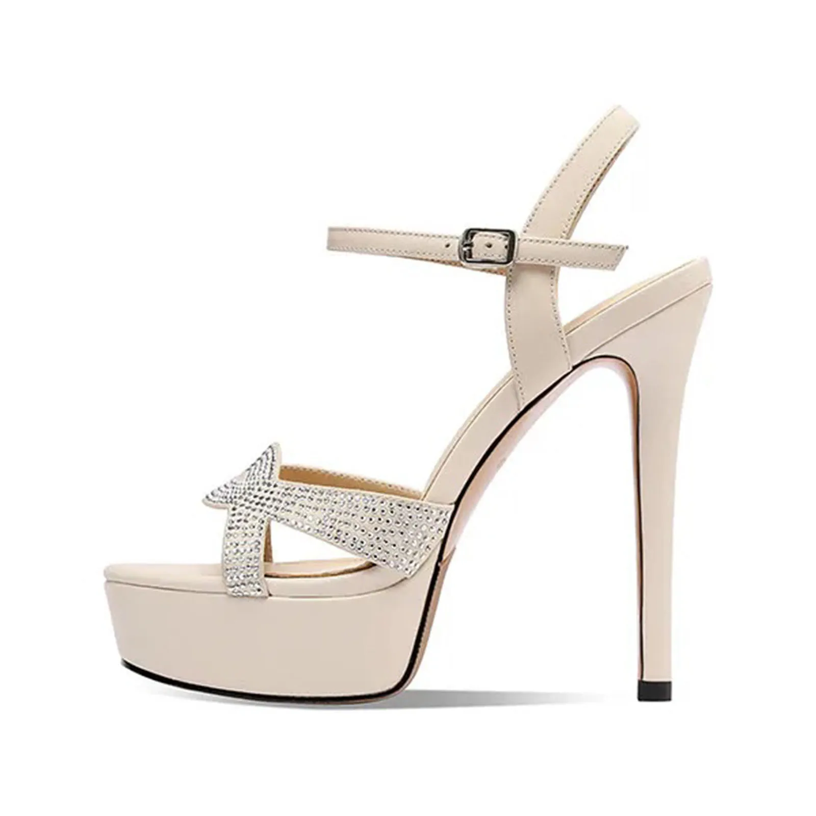 

Arden Furtado 2024 Summer Genuine Leather Round toe Platform Super high heel Sexy Crystal Buckle strap word-cingulate Sandals