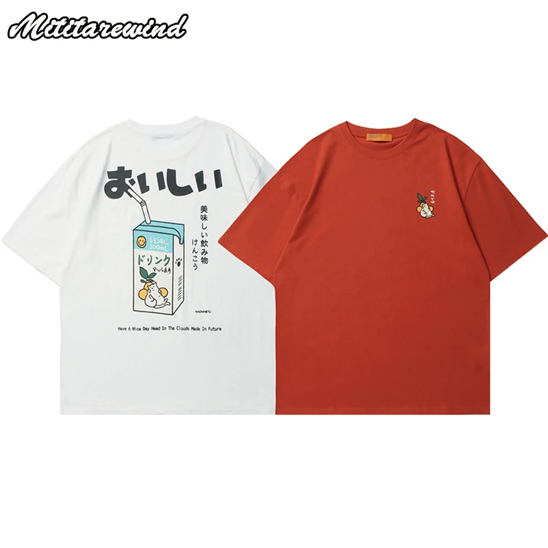 Japanese Harajuku Oversized T Shirts for Men Summer Half Sleeve Round Neck Tops Tees 100% Cotton Cartoon Drink Print T Shirt Men