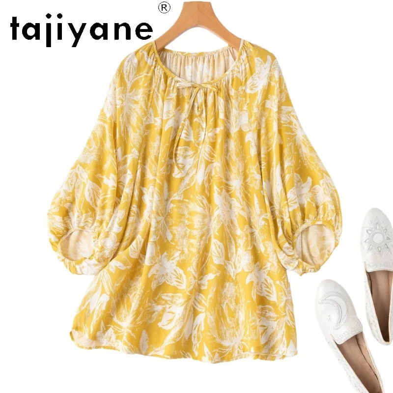 

TAJIYANE 100% Real Mulberry Silk Women T Shirts French Style Print T Shirt O-Neck Casual Summer Tops for Woman Clothes 2026 топ