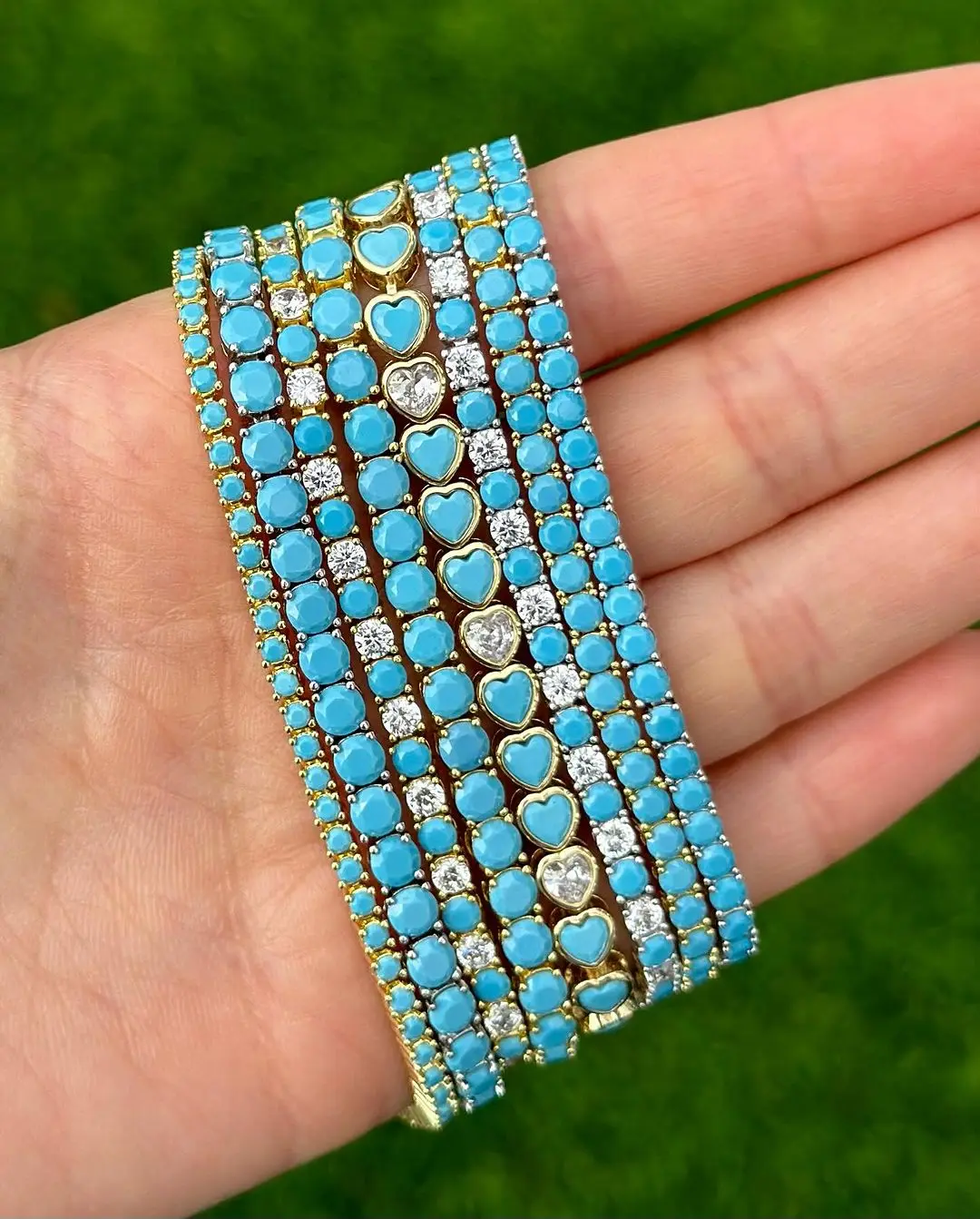 Classic Love Heart Cz Tennis Bracelet for Women Paved Zircon and Turquoise Gold/Rose Gold/Platinum Plated Color Fashion Jewelry
