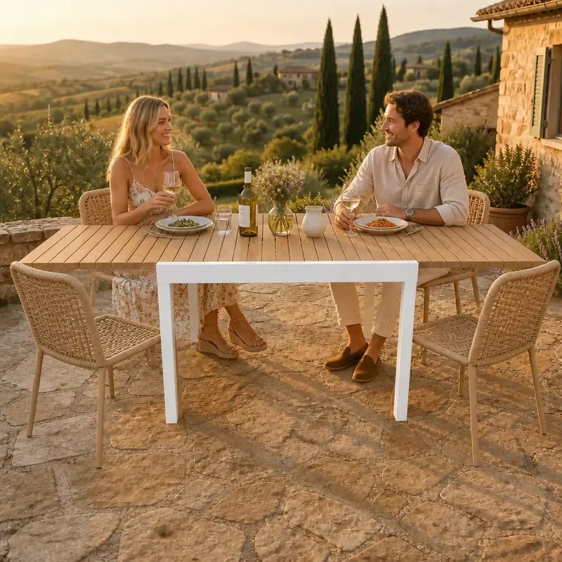 for Retractable Dining Table with Plank Top White Powder Coated Frame Sliding Space Saving Design Suitable for Patio