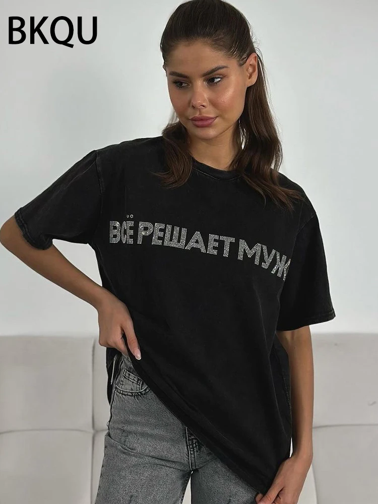 BKQU Rhinestone Letter T shirts for Women Streetwear Short Sleeve O-neck Loose Hot Diamonds Tee Shirts Oversized Pullovers 2024