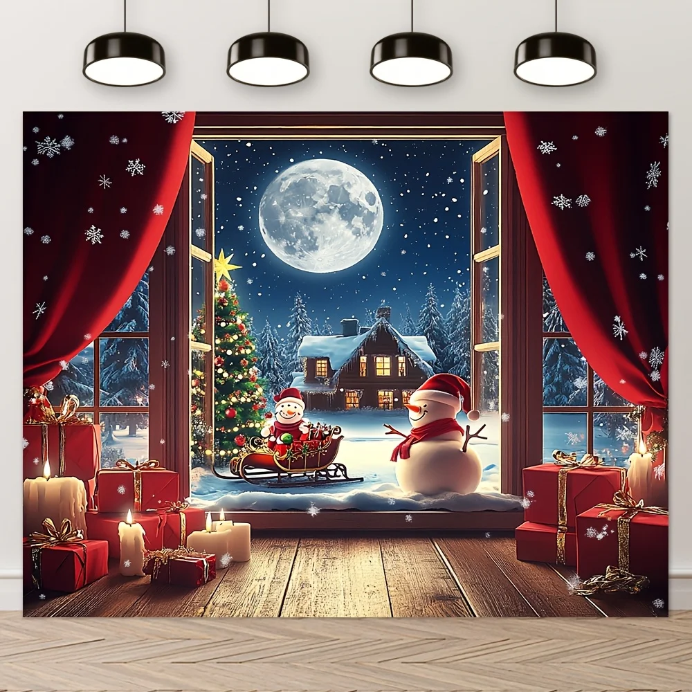 VIKAMA Double-Window Snow Scene Christmas Tapestry Snowman Christmas Tree Warm Living Room Background Wall Hanging Room Decor