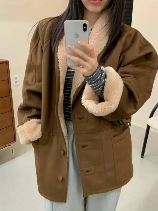 

Retro Chic Large Size Jaet Coat Women's Hong Kong Sle Loose Fit Turn-down Collar Korean Faion Thi Winter Outerwear