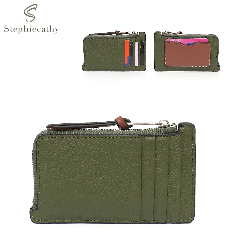 SC Genuine Leather Card Holder Women Luxury Multi Pockets Small Wallet Zip Money Bag Portable Cowhide Coin Purses Contrast Color