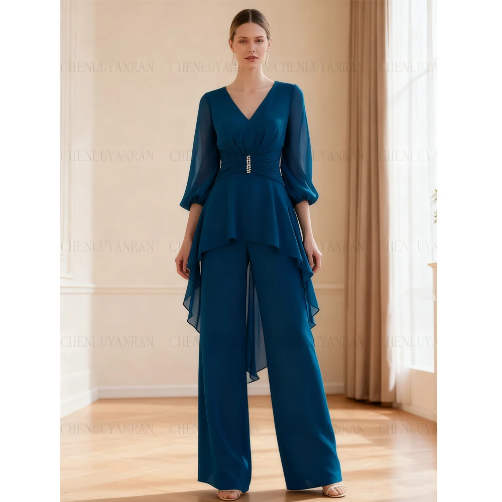 Chiffon Suits Mother of the Bride Dresses 2025 3/4 Sleeves Long Wedding Guest Gowns V-neck Pleat Dress Women For Wedding Party